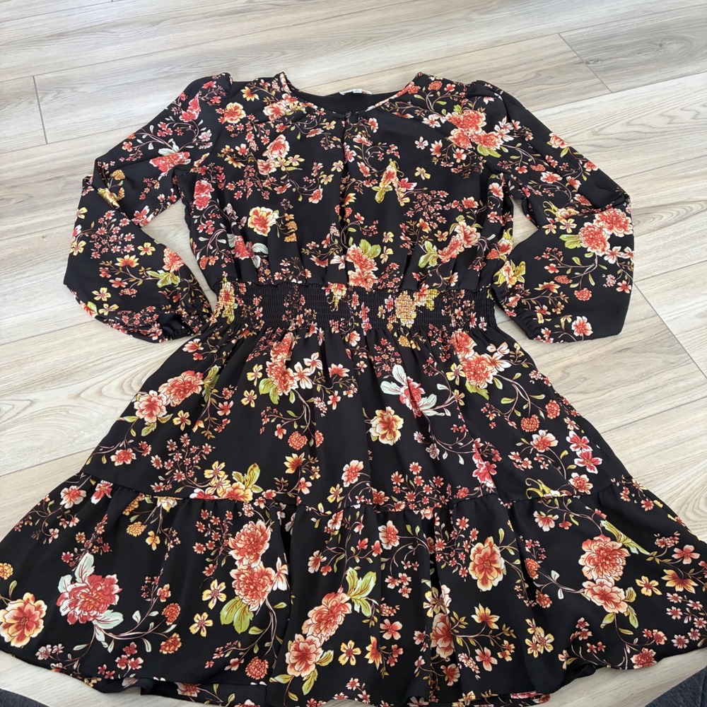 Nine‎ Britton Vivienne Black Floral Print Smocked Waist Tiered Midi Dress XL